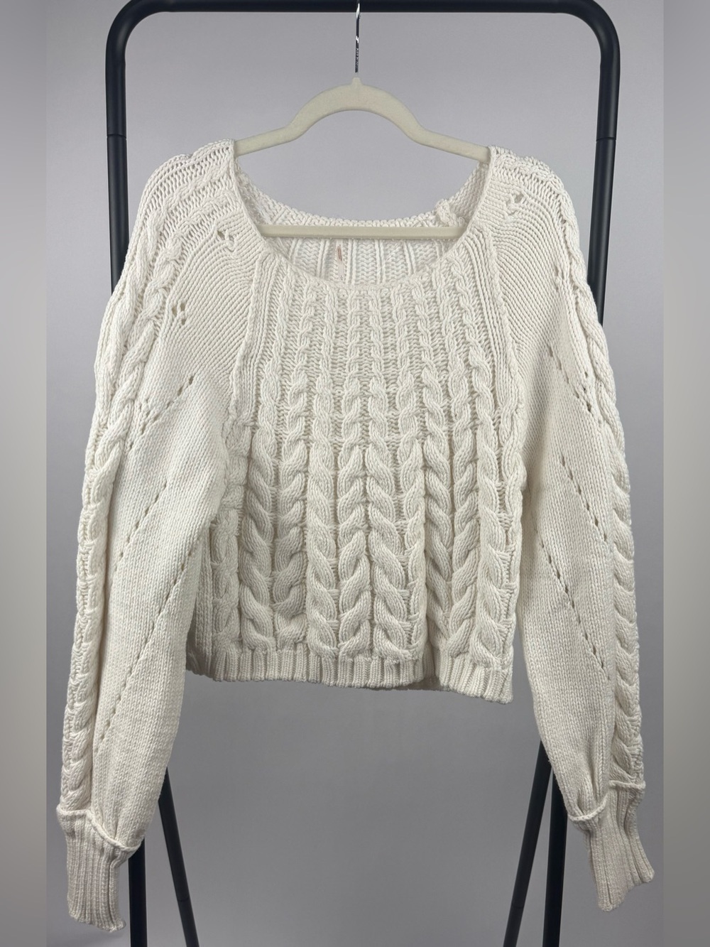 Free People Sandre Knit Pullover Sweater L Ivory Cable Knit Balloon Sleeve - Picture 3 of 7
